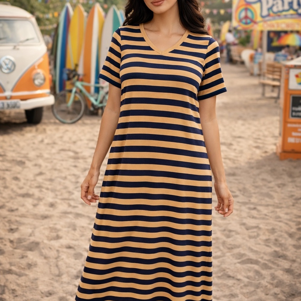 V-Neck Striped Maxi Dress in Tan & Navy